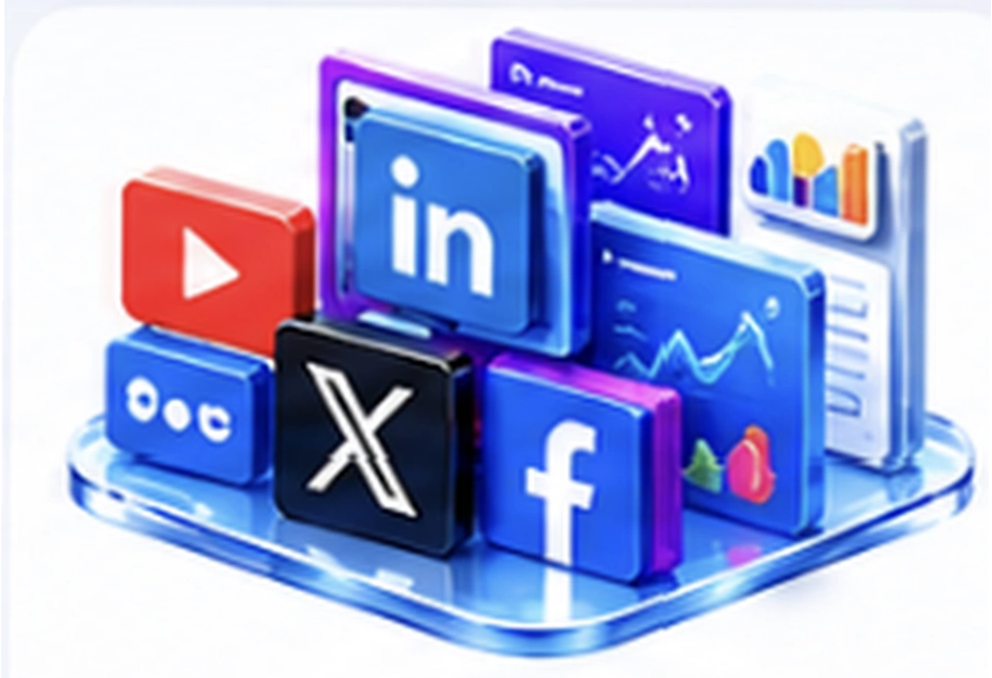 رسم ثلاثي الأبعاد لمنصات النشر YouTube وX وLinkedIn وFacebook